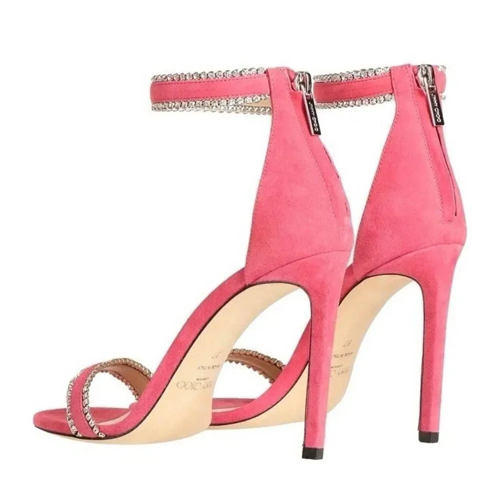 Jimmy Choo Dochas 100 Pink Suede Crystal Ankle Strap Sandals – Size 7 US ✨💖 - Picture 4 of 13